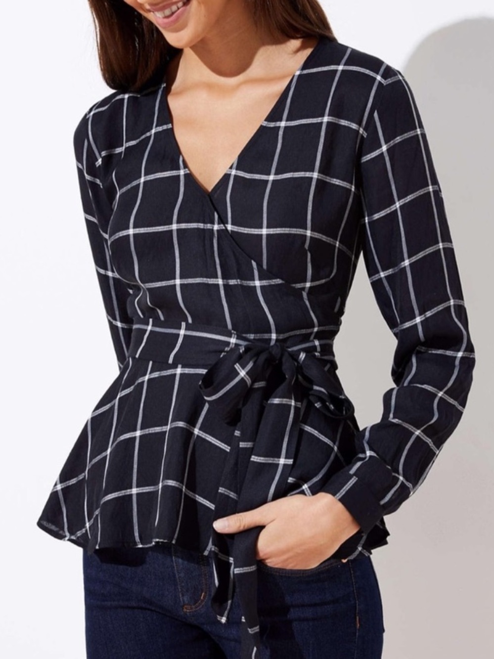 Loft Black and White Plaid Wrap Blouse Medium